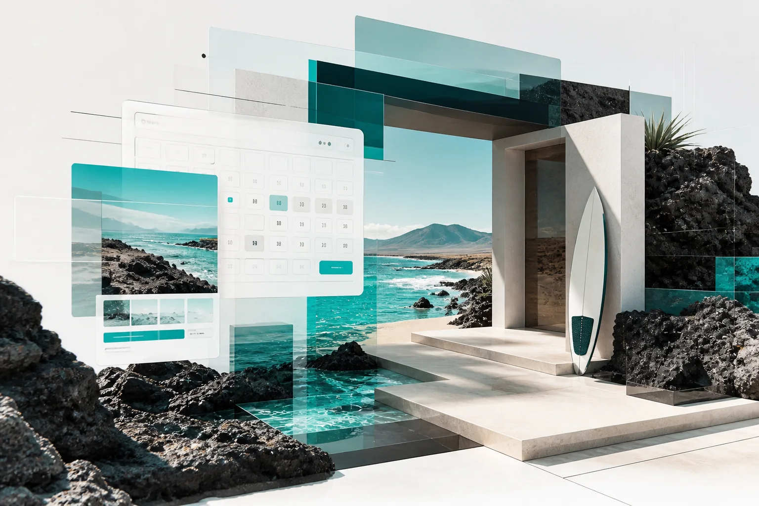 Composición digital de una web turística con calendario de reservas en Fuerteventura